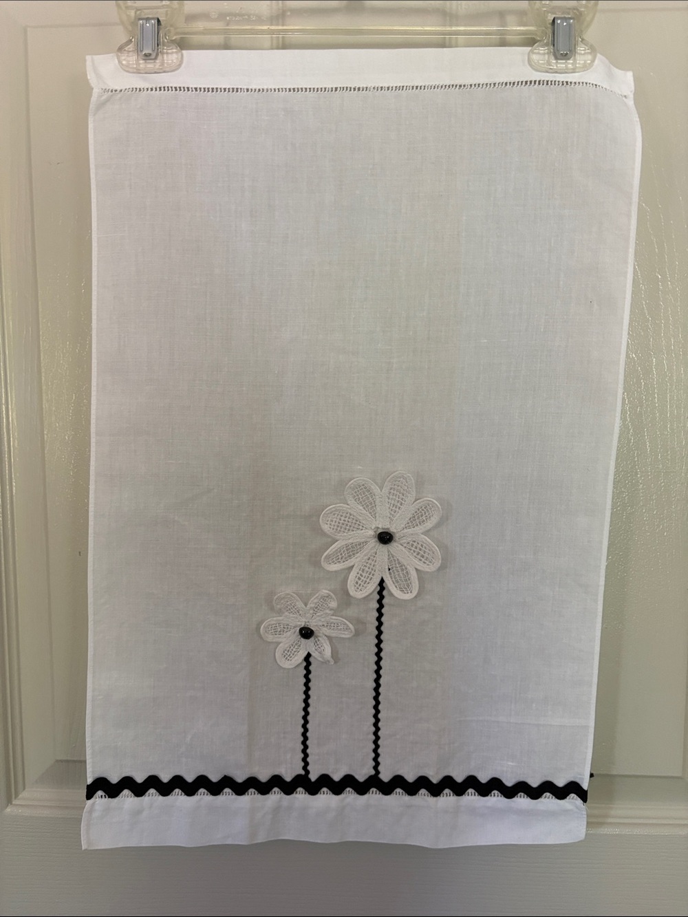 White Linen Tea Towel with Black Daisy Embroidery